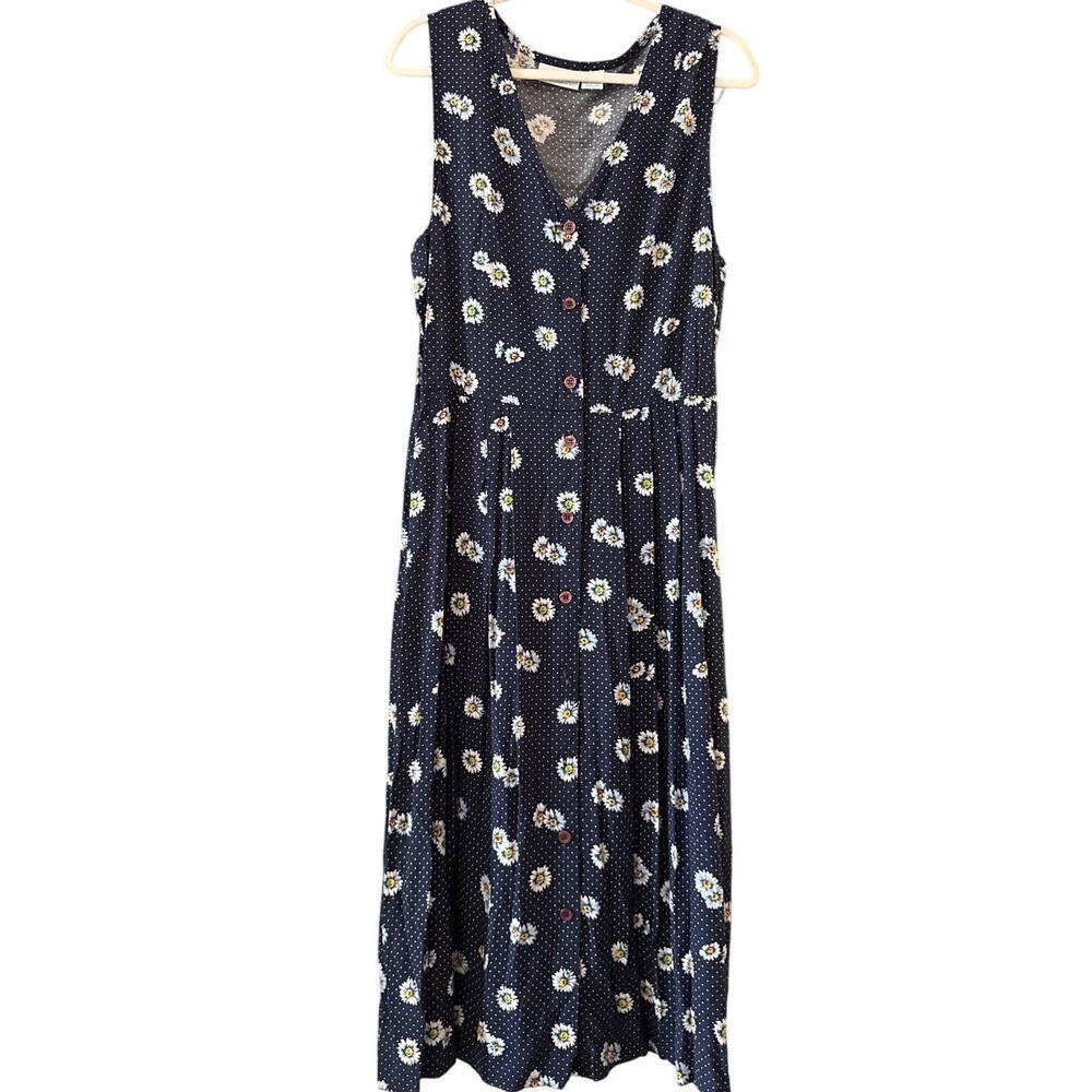 Sweetbriar Navy Blue Daisy Polka Dot Button Front Rayon Maxi Dress Cottagecore M